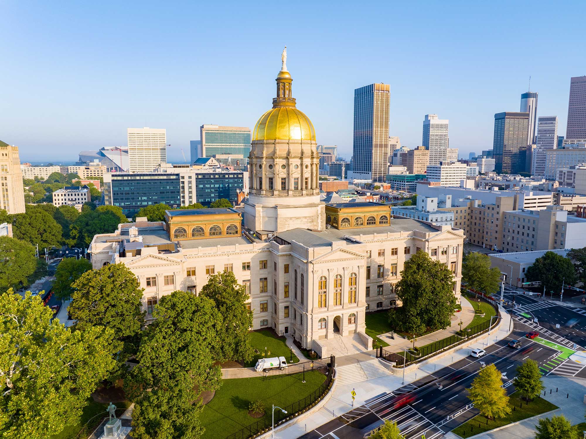 Aerial drone photo of the Georgia State Capital Building in Atlanta, Georgia