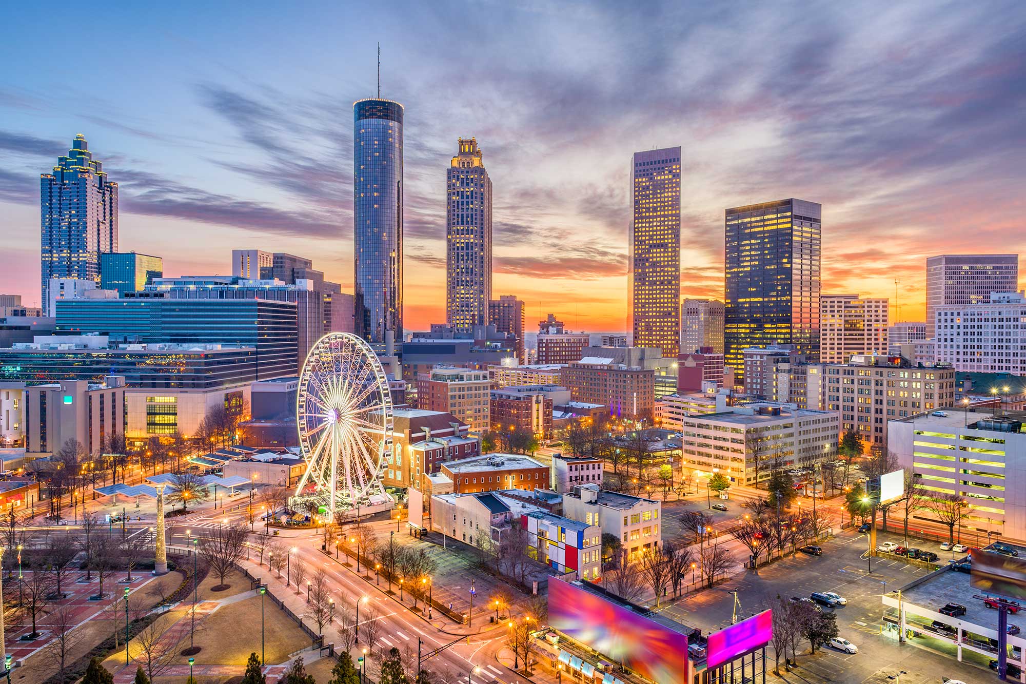 Allegiant Digital Marketing in Atlanta, Georgia showing the Atlanta city skyline at dusk