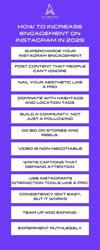 How to increase engagement rate on Instagram 2025 infographic. 