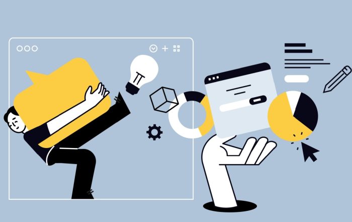 Creative illustration of content development strategies across various channels like web blogs and email campaigns.