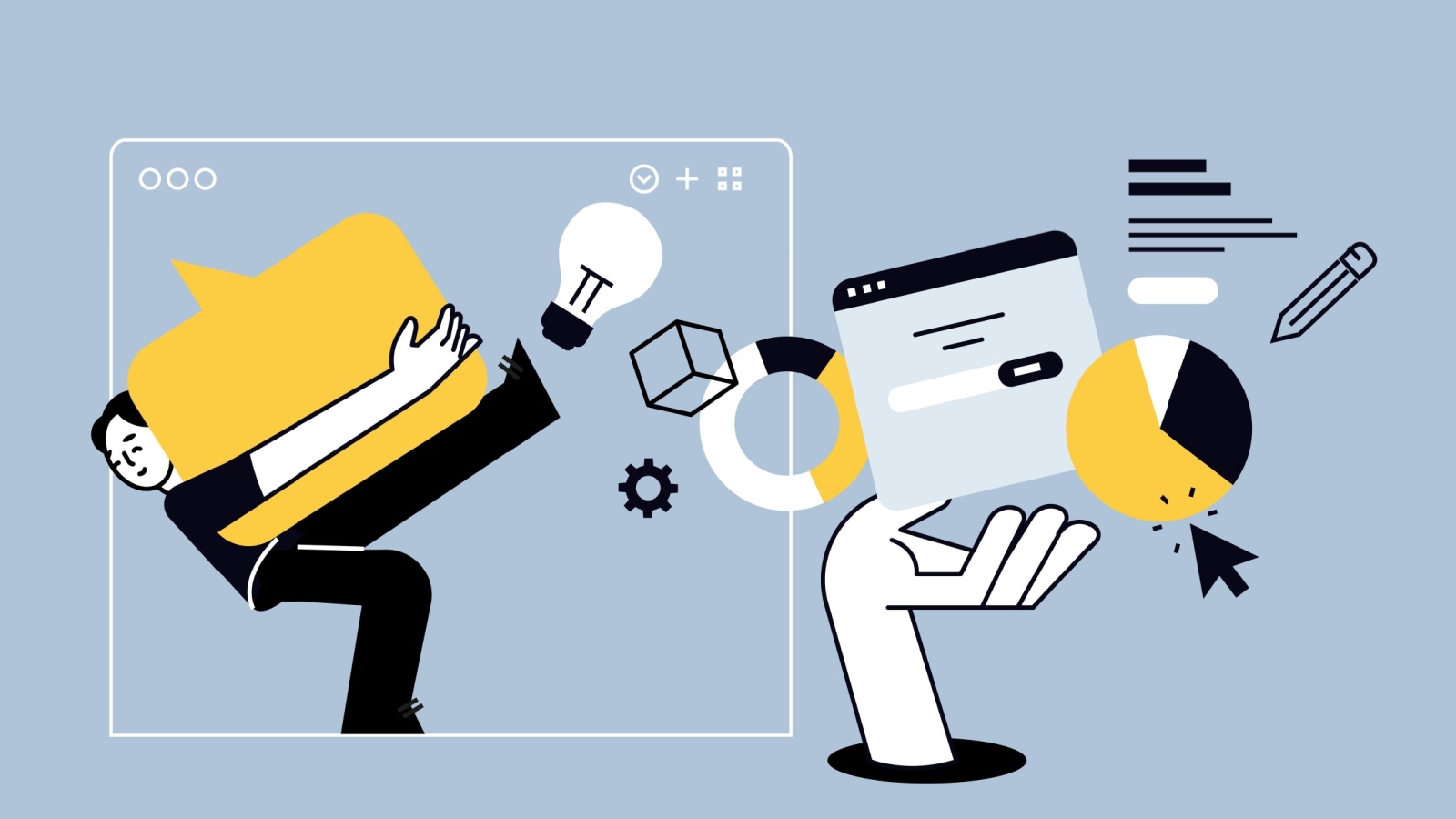 Creative illustration of content development strategies across various channels like web blogs and email campaigns.