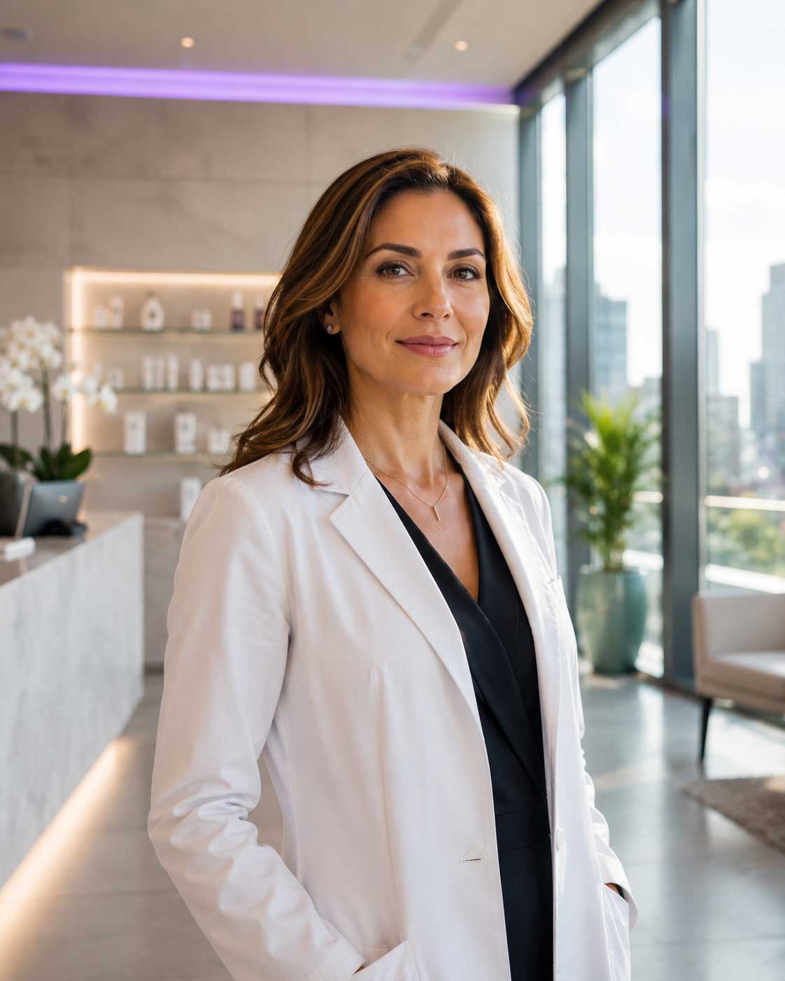 Aesthetic practice surgeon in a white coat in the bright reception area of her modern practice