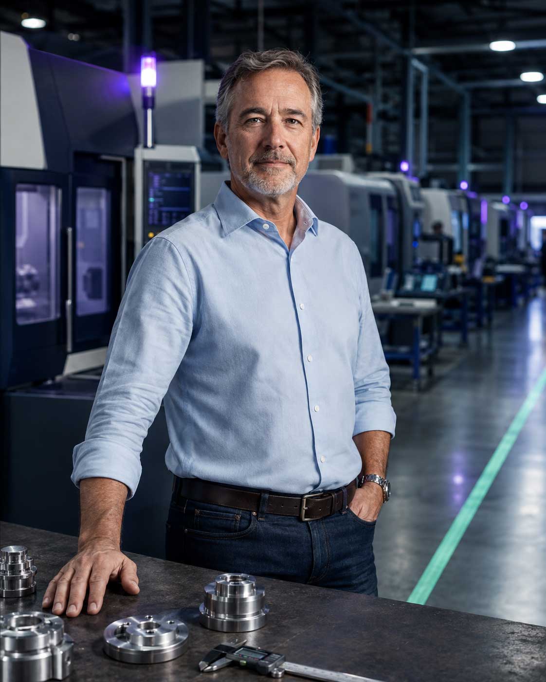 Manufacturing company president at a workbench of machined components, CNC production bay behind him