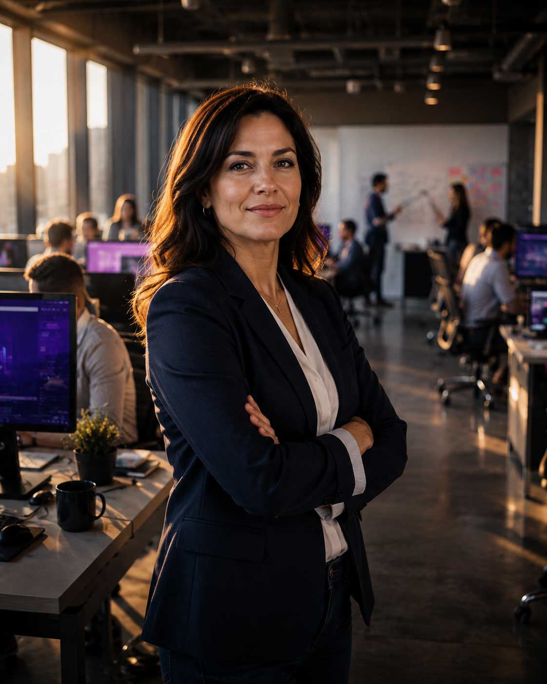 Mid-market company president at the edge of her open working floor, team at workstations behind her
