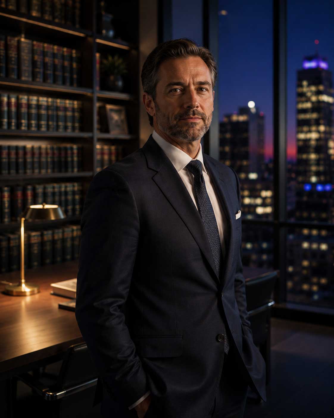 Personal injury attorney in his firm's office at dusk, law library shelving and city skyline behind him