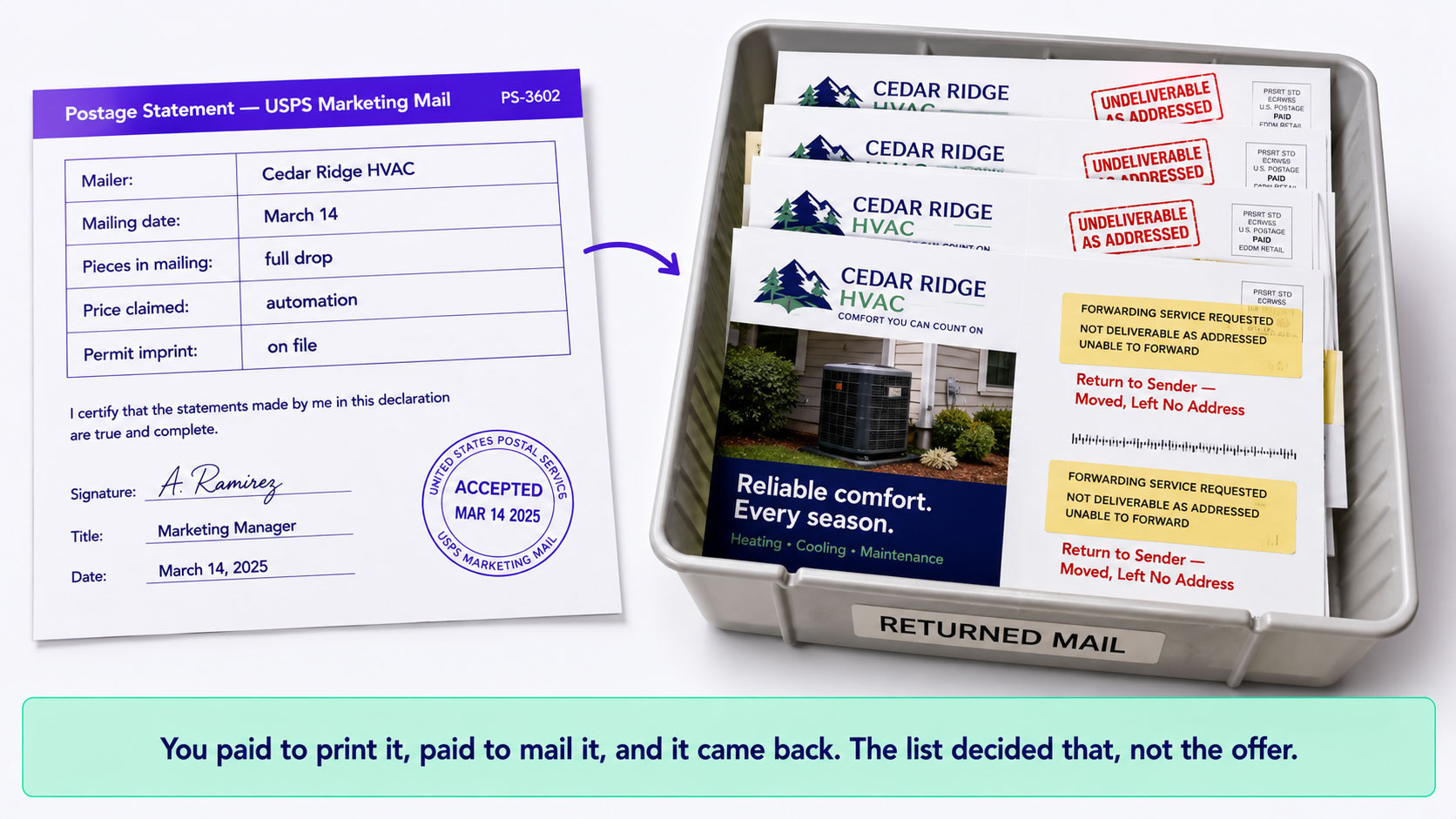 A postage statement showing full payment for a full drop, shown beside the tray of pieces that came back undeliverable from the same mailing