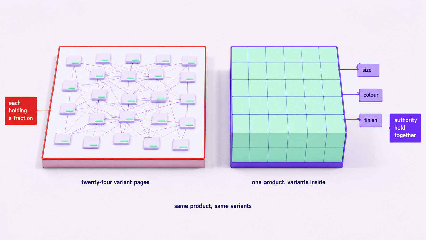 Two arrangements of the same product's variants, one where two dozen separate pages each hold a fraction of the authority and one where a single consolidated page holds it whole
