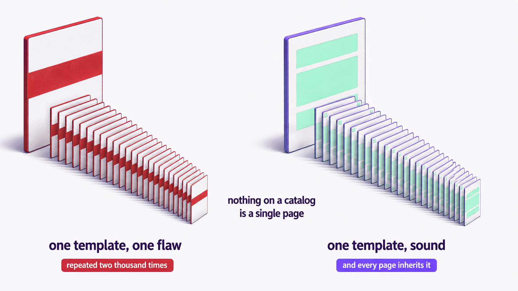 Two arrangements showing a single product template serving thousands of pages, one where a flaw in the template repeats everywhere and one where the template is sound