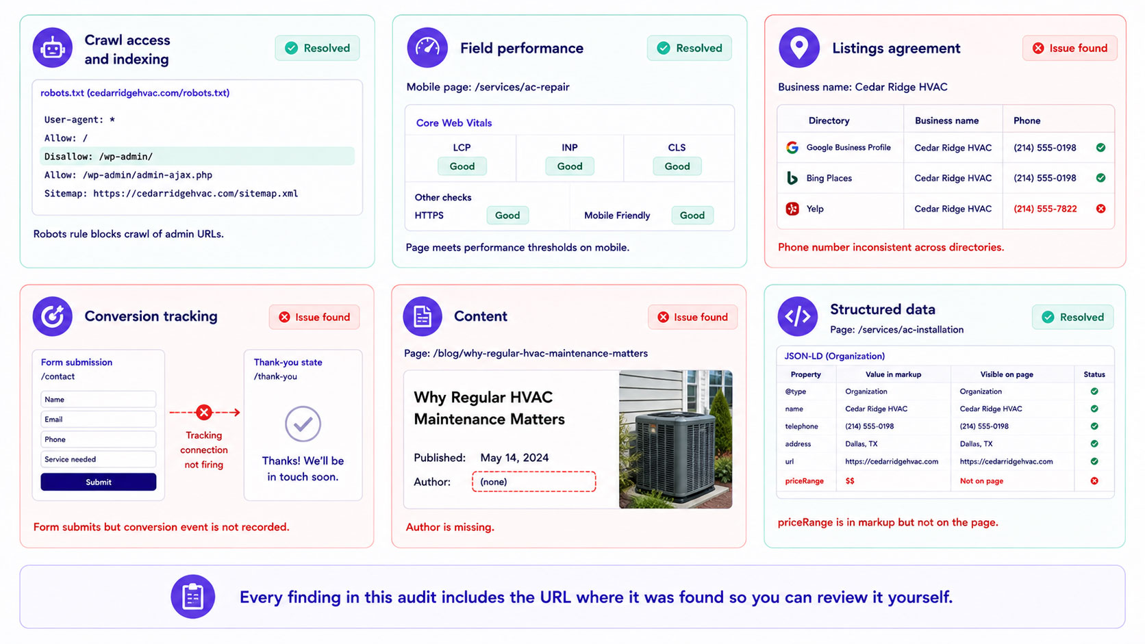 The categories a website audit covers — crawl access and indexing, field performance, listings agreement, conversion tracking, content and structured data — each shown with the specific fault it looks for