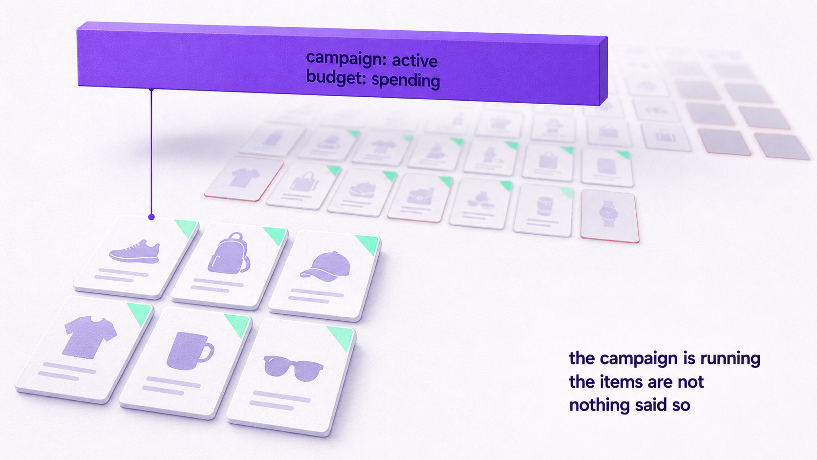 A receding grid of product listings where the nearest items are lit and live while scattered items further back have quietly gone dark, with the campaign still running above them
