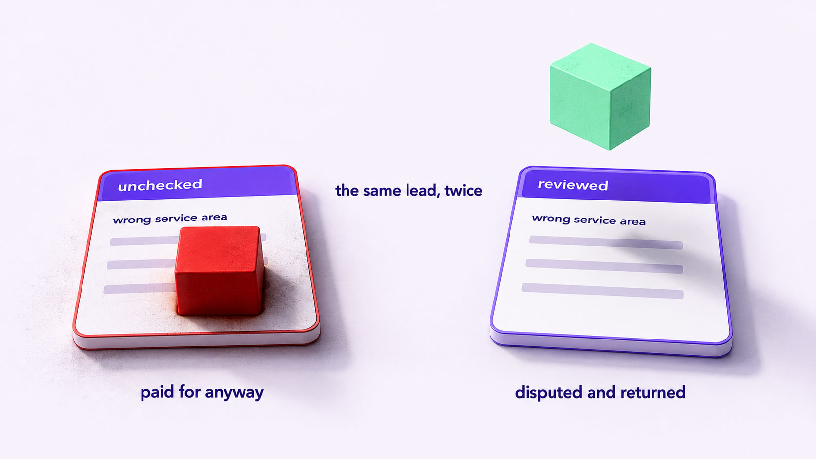 Two lead records shown as raised dimensional cards, one examined and disputed with its charge lifted away and one accepted without anybody looking at it