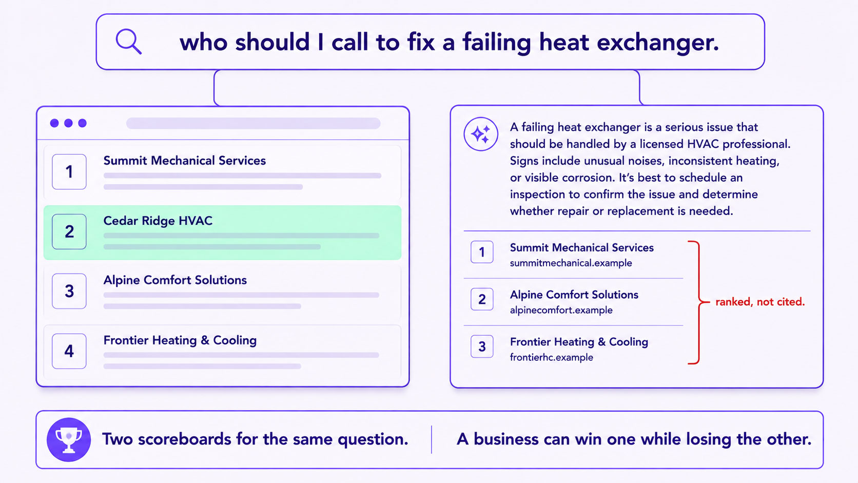 One buyer question answered on two surfaces at once — a classic results page with ranked listings, and an AI-generated answer citing sources — showing a business that appears on one but not the other