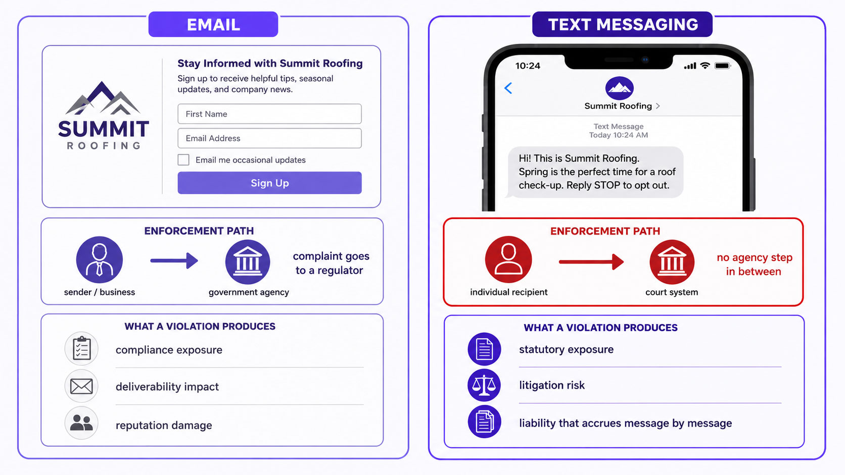 The consent standard for marketing texts shown against the lower standard for email, with the enforcement route beneath each — agency action for one, a recipient's private lawsuit for the other