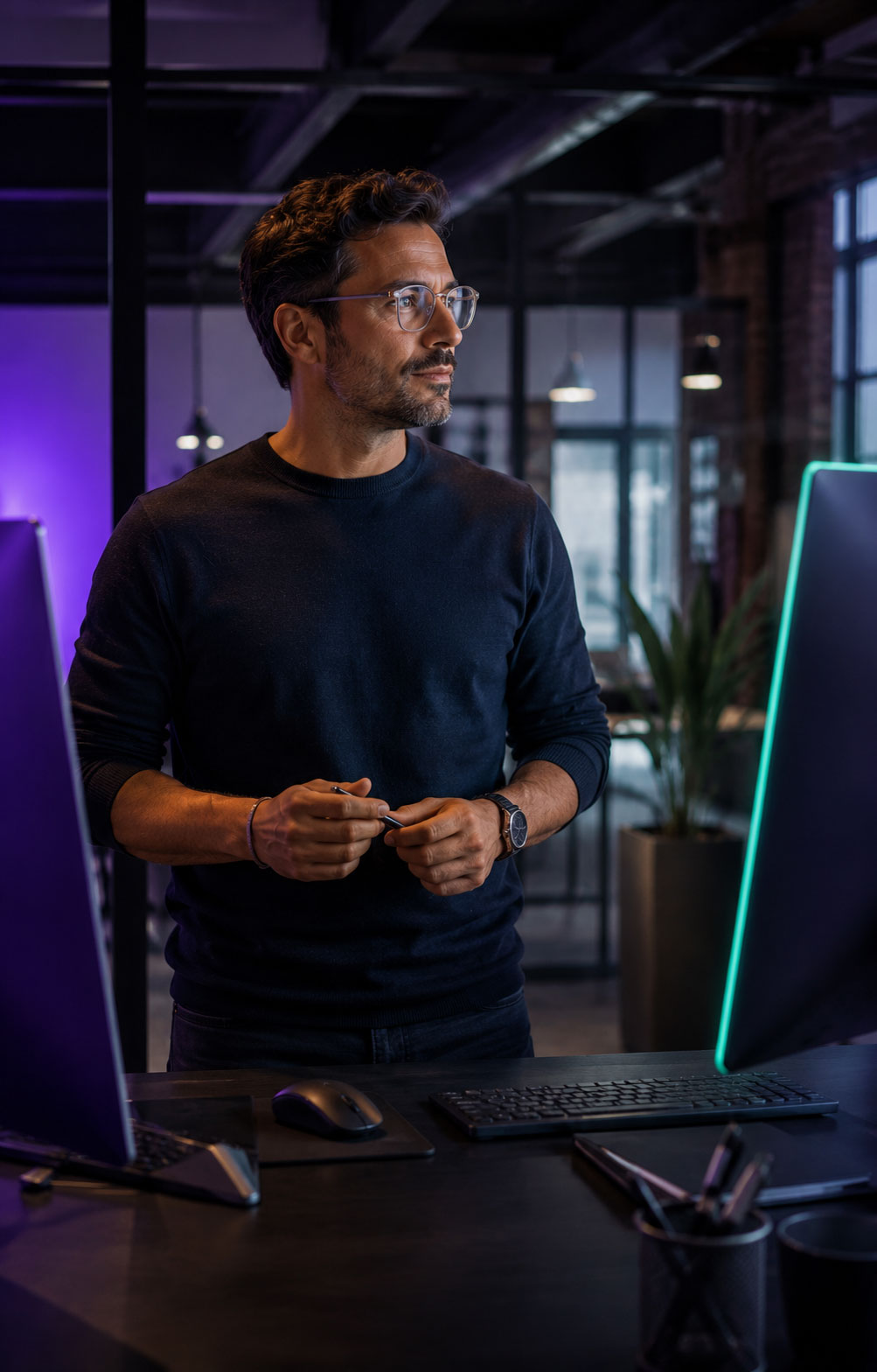 Web developer at a standing desk in a build studio, mid-decision between two angled displays